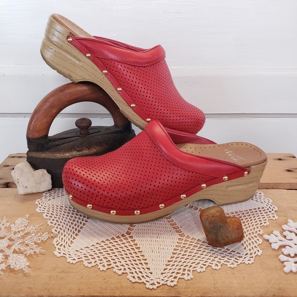Dansko Shoes - RED Dansko Pro Sonja Perfed Honey Clog Shiny Brass Studs Perforated Leather 37